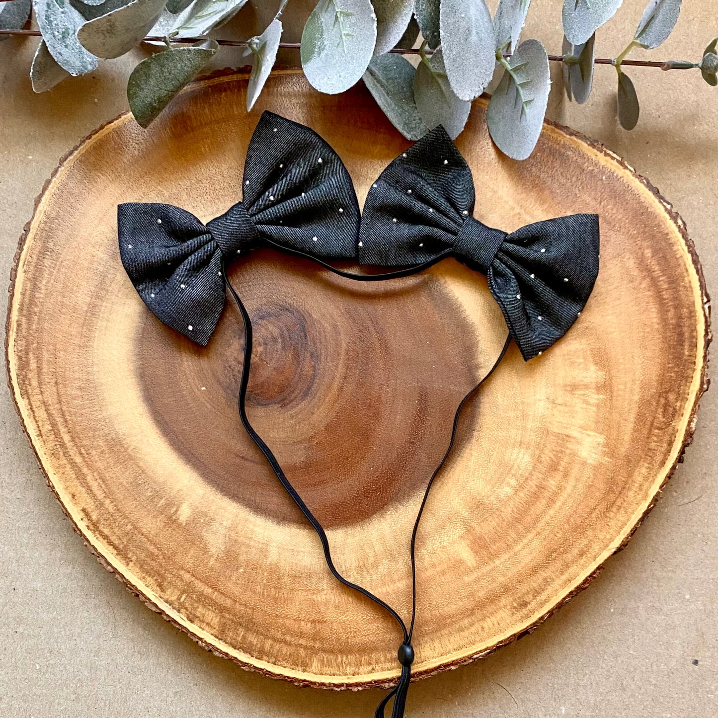 Black Glitter Denim Dog Double Bows