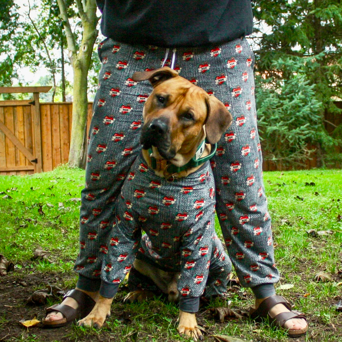 Dog mom and bully breed in matching human and dog PJs from bully love boutique in mom print