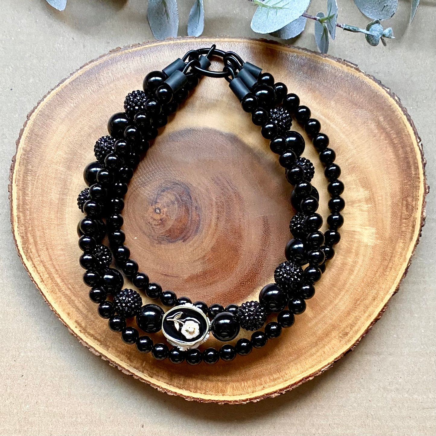 Victorian Rose Black 3 String Beaded Collar