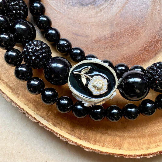 Victorian Rose Black 3 String Beaded Collar