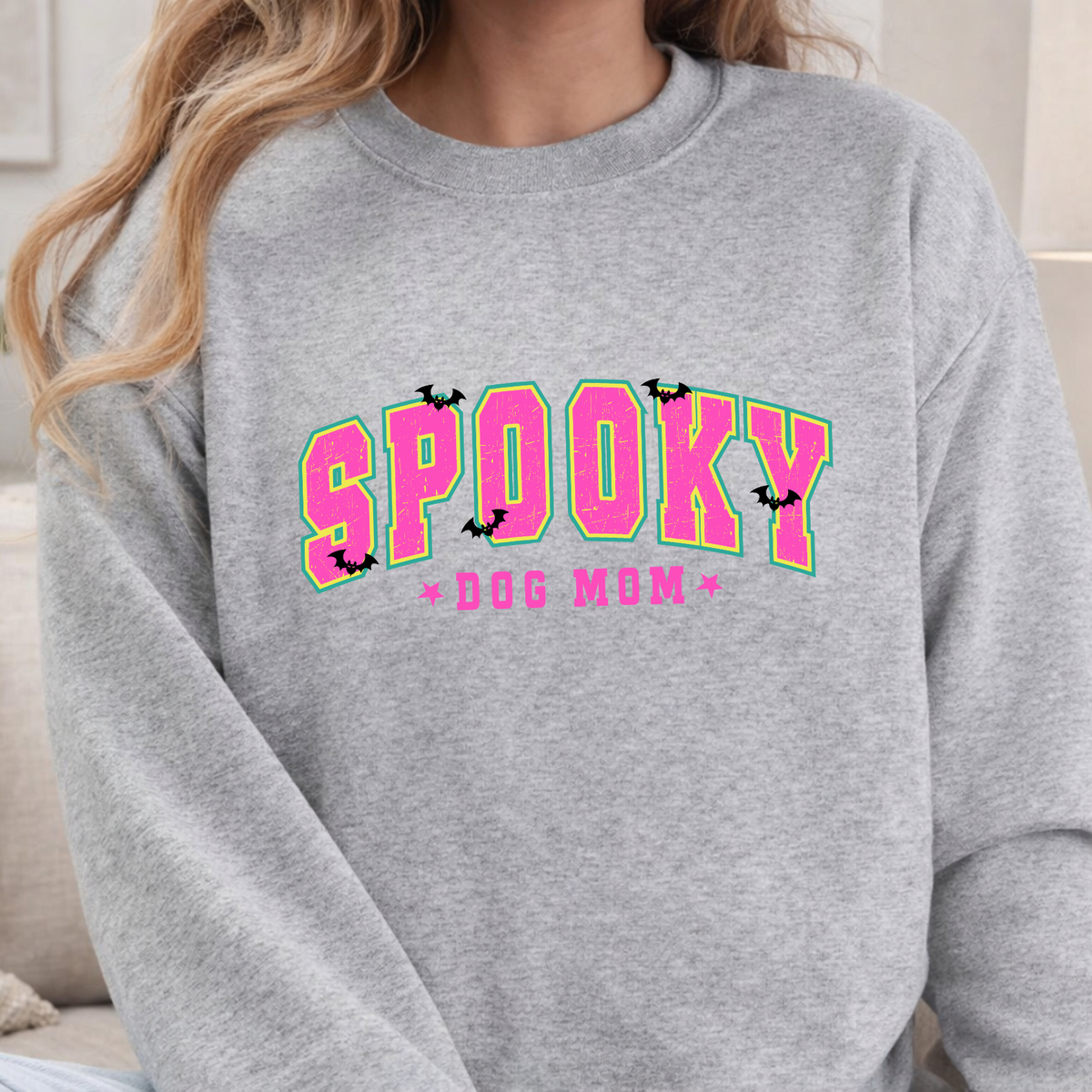 Spooky Dog Mom crewneck sweatshirt by Bully Love Boutique featuring Halloween-themed design and comfortable fit.