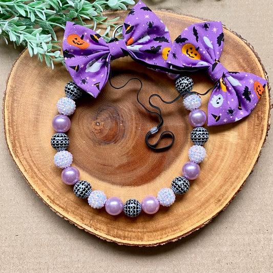 Purple Spiderwebs Bubblegum Dog Beaded Collar by Bully Love Boutique showing colorful beads and web-themed design for small to medium dogs.