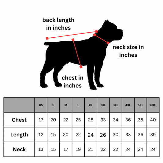 Comprehensive size chart for bully love boutique PJs for dogs of all sizes