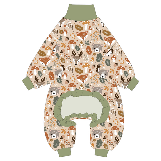 Forest animals dog pajamas featuring woodland creature print, comfortable dog apparel in various sizes by Bully Love Boutique.