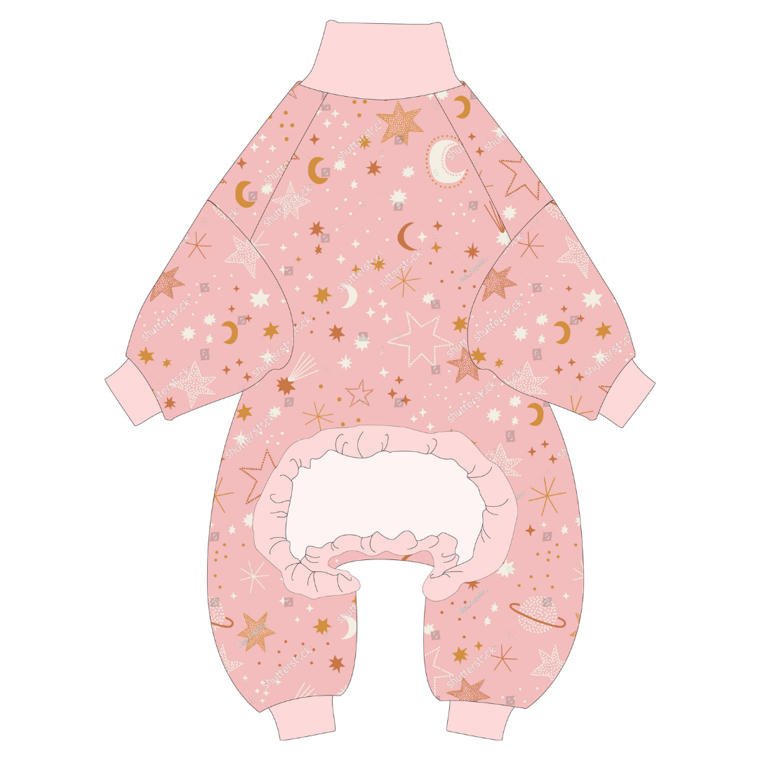 Showcasing pink star pajamas from bully, love boutique, laying flat to show full design