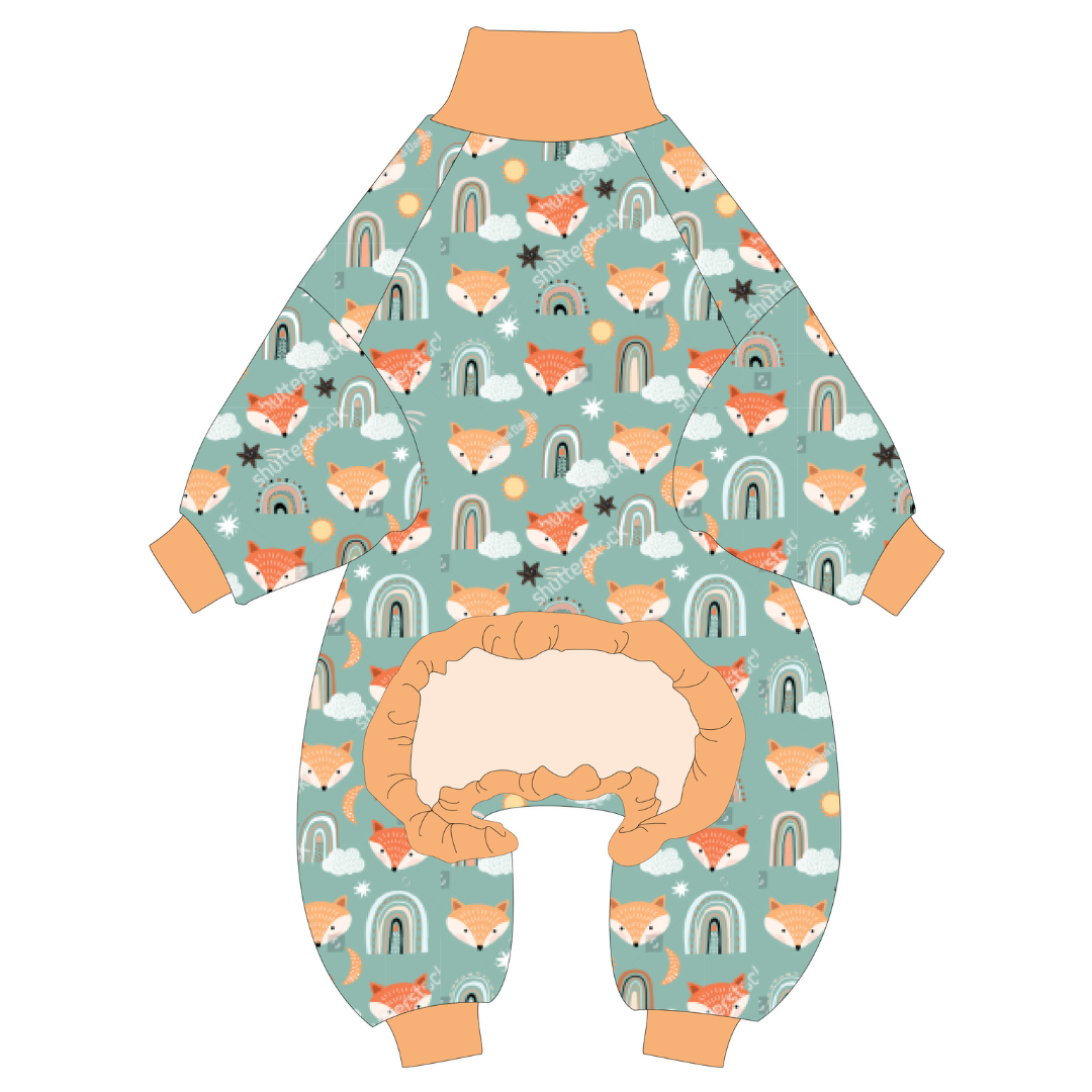 Inclusive-sized teal fox dog pajamas laid flat showing full design