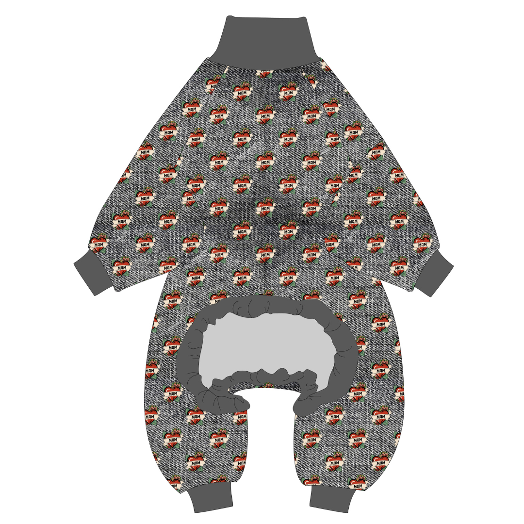 Flat lay of tattoo heart with mom written in it, bully love, boutique PJs, showing design