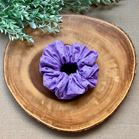 Purple Love Cotton Scrunchie from Bully Love Boutique, soft fabric hair accessory with elastic band for gentle hold.