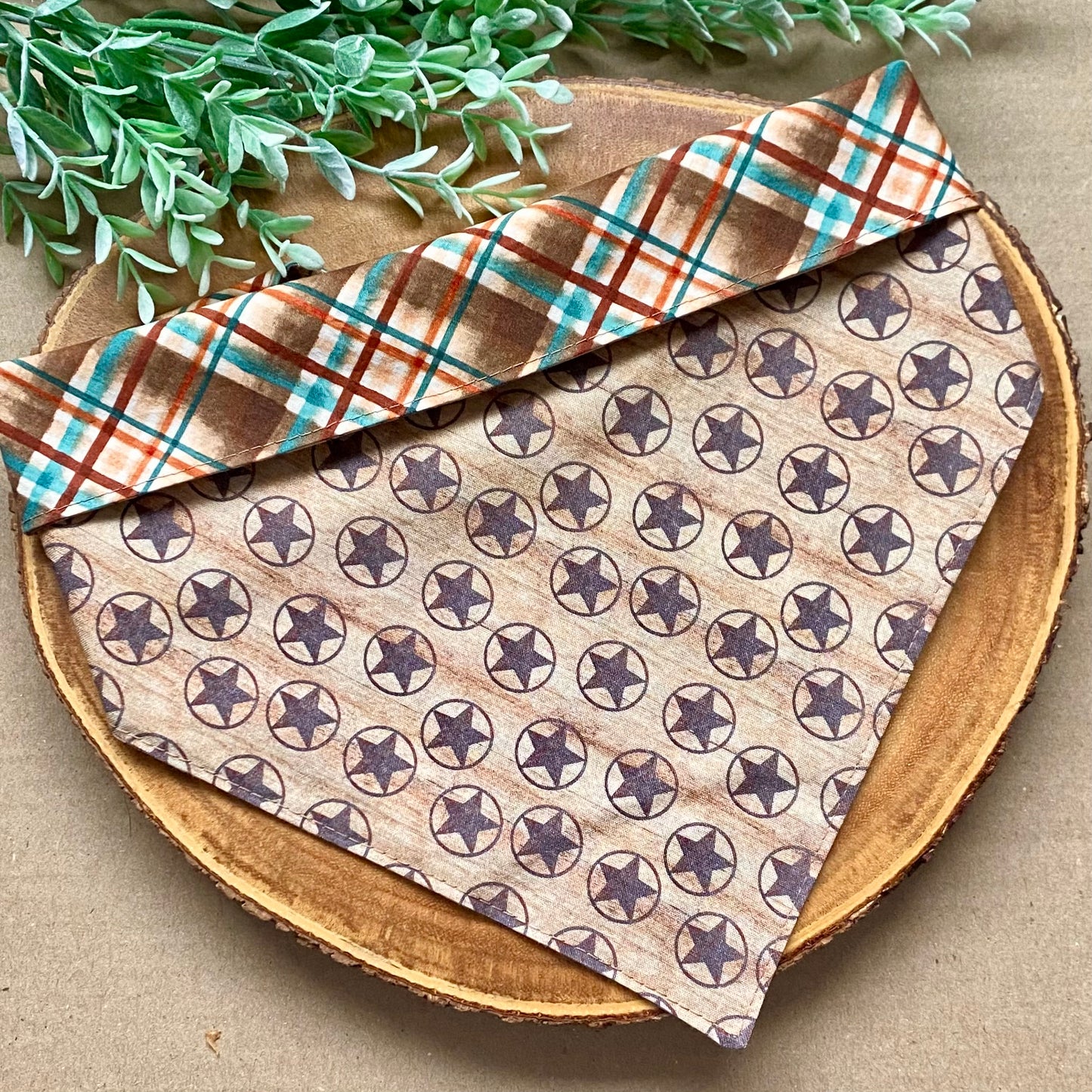 Cowboy plaid dog bandana from Bully Love Boutique featuring a classic red and black checkered pattern for pets.