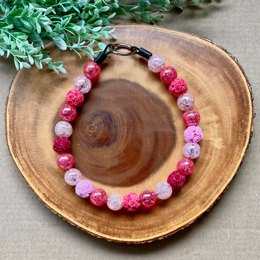 Pink peonies bubblegum beaded dog collar by Bully Love Boutique featuring colorful beads and floral design.