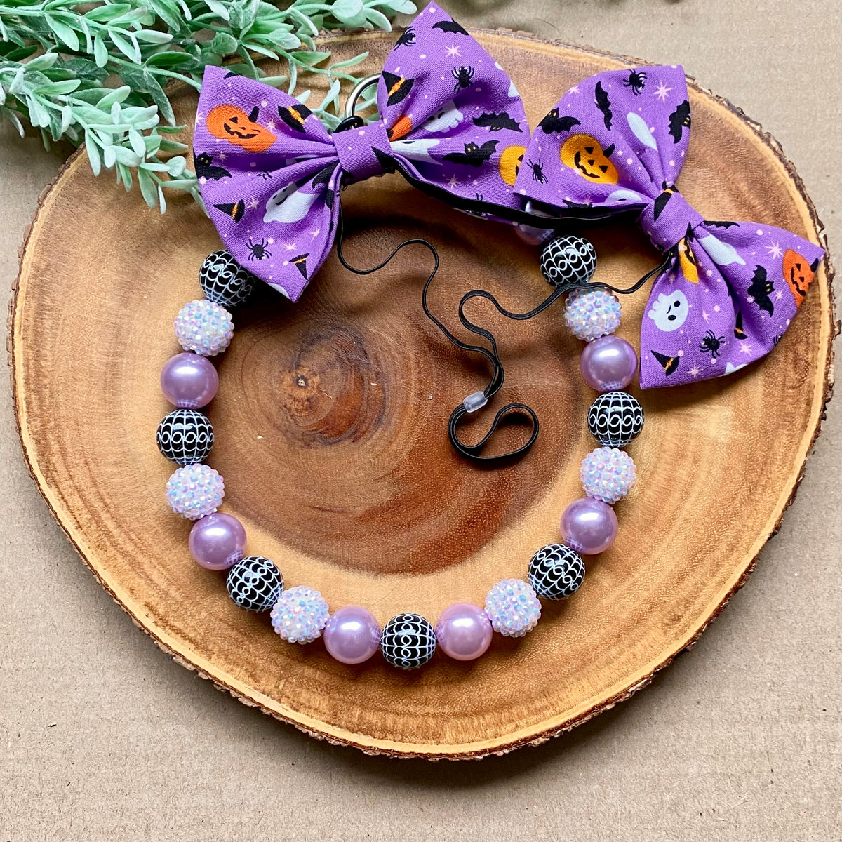 Purple Spiderwebs Bubblegum Dog Beaded Collar by Bully Love Boutique showing colorful beads and web-themed design for small to medium dogs.