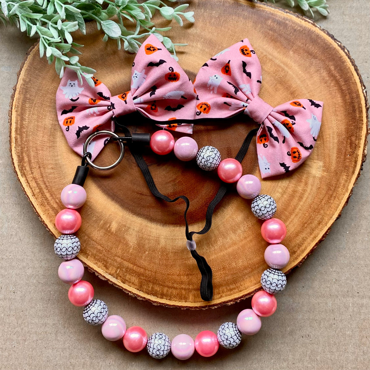 Pink Summerween Bubblegum beaded dog collar by Bully Love Boutique with colorful beads and adjustable strap for small to medium dogs.