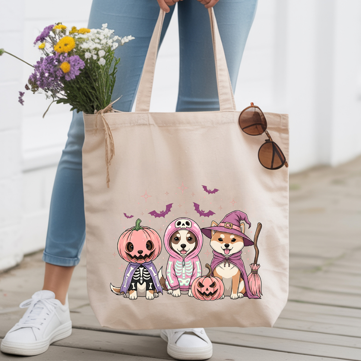 Summerween tote bag by Bully Love Boutique featuring colorful Halloween-themed illustrations on durable fabric.